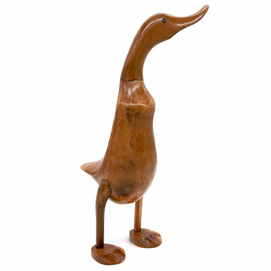 Full front view of bamboo root duck sculpture on white background, showing long neck and separate turned legs