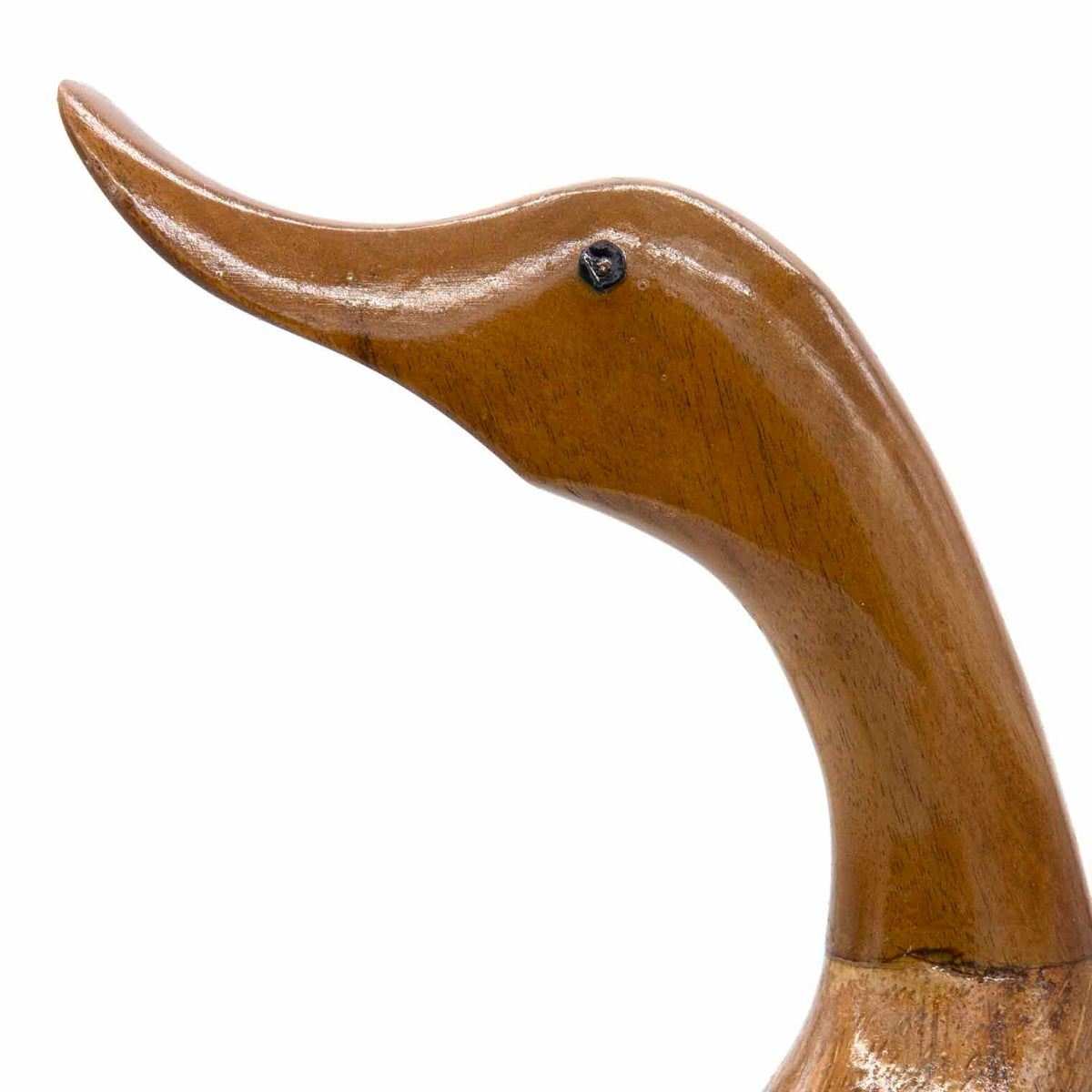 Close-up of bamboo root duck head and bill, showing smooth carved grain and small inset eye detail