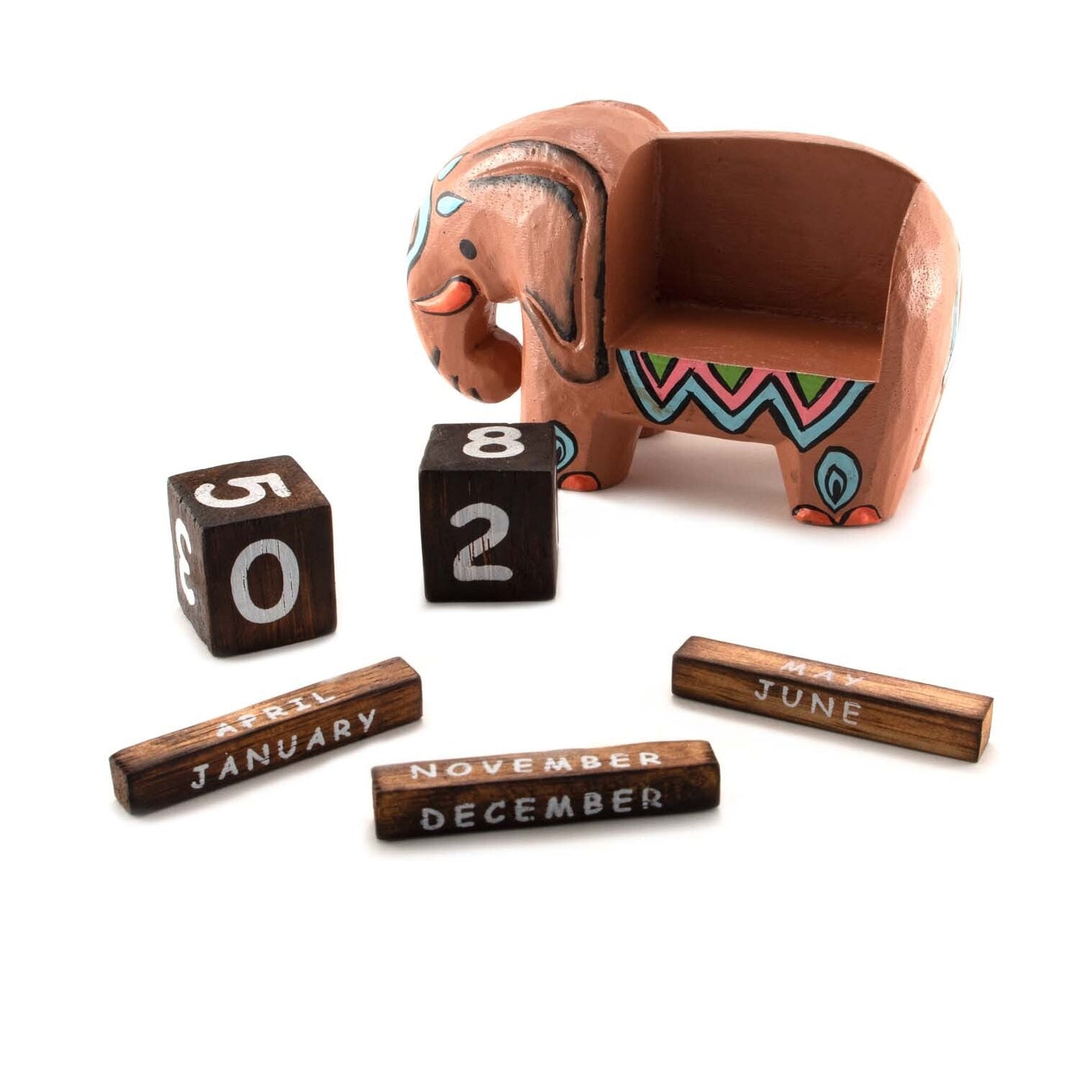 Terracotta elephant calendar with date blocks and month bars laid out separately, Indonesia