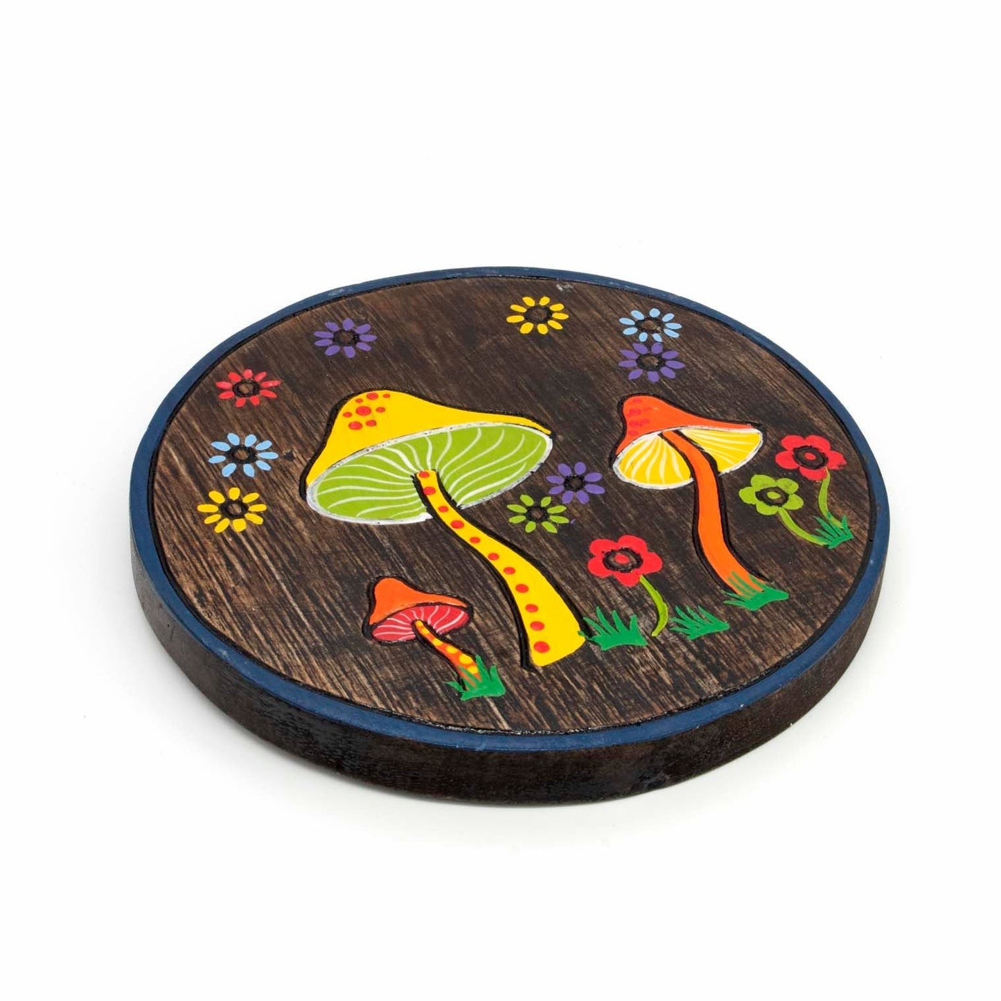 Angled side view of round painted mushroom plaque showing wood thickness and blue-painted edge, Indonesia