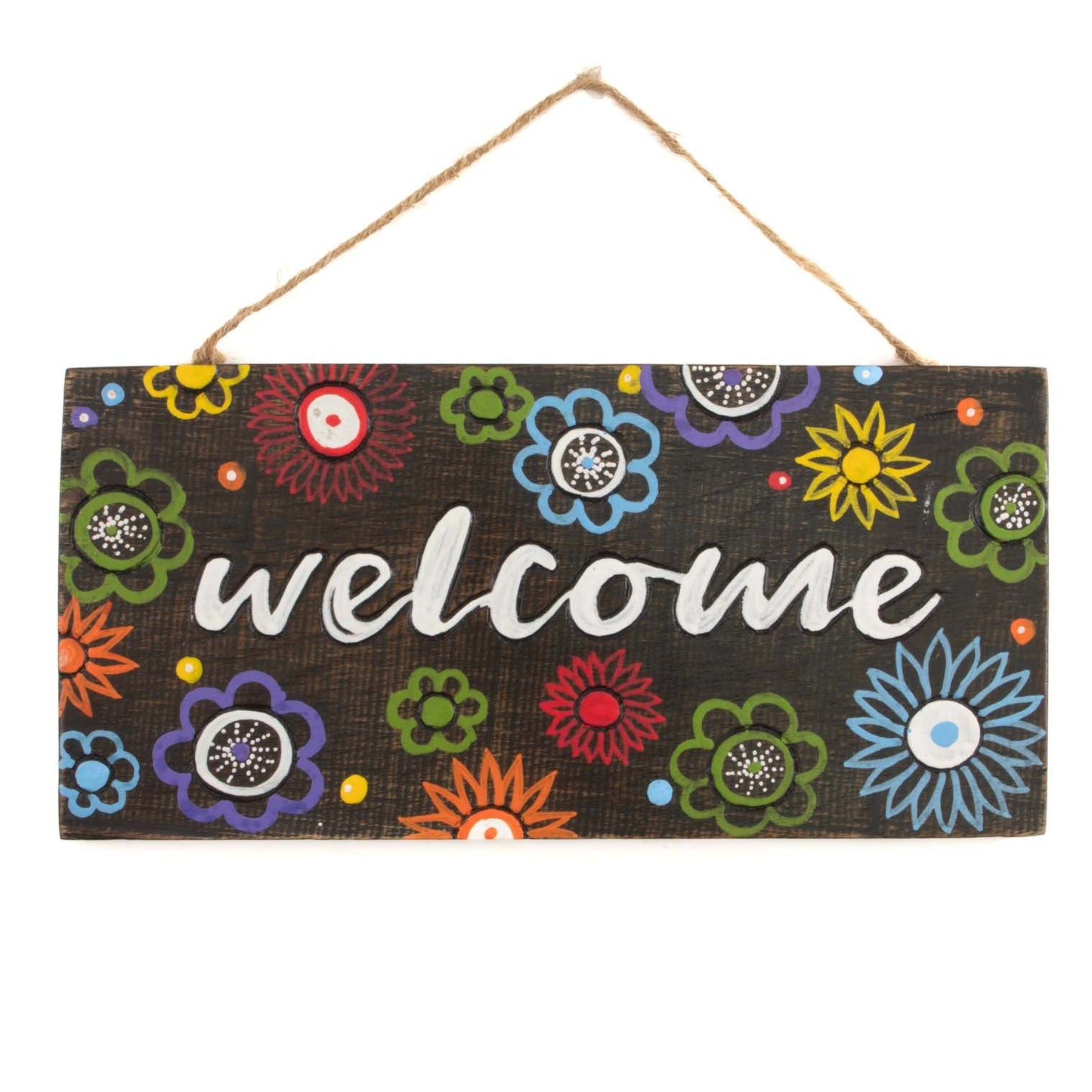 Front view of Welcome plaque on white background, showing carved white lettering and full scatter of hand-painted flowers
