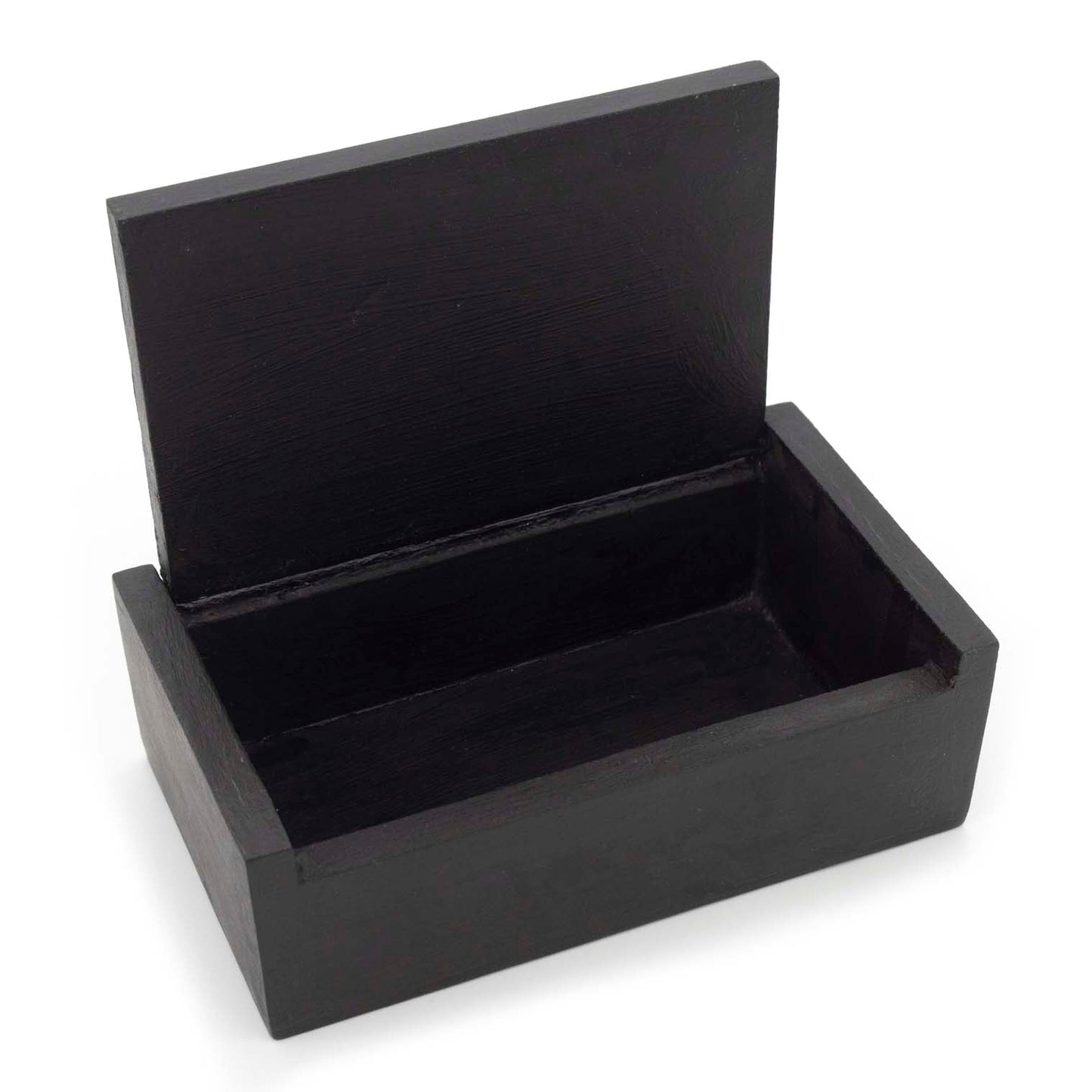 Black wooden mushroom box open showing plain dark interior and swivel lid mechanism