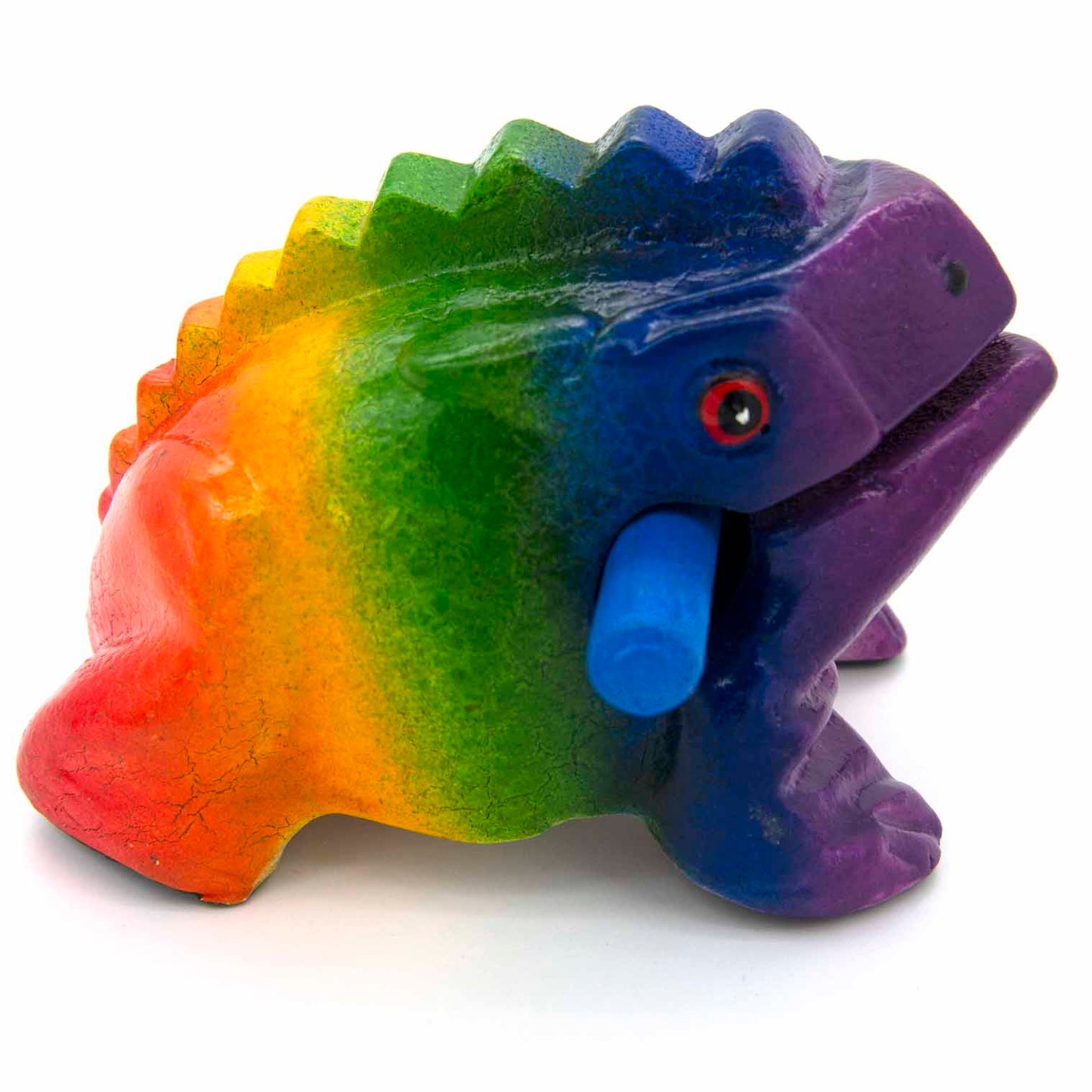 Side view of rainbow frog guiro showing full colour spectrum from red tail to purple head with blue striker