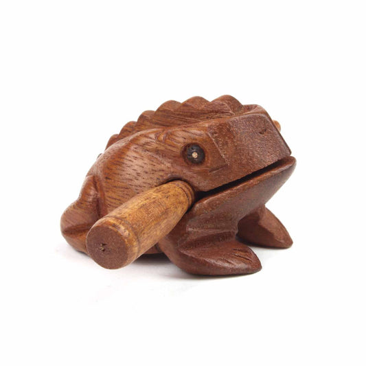 Small carved acacia frog guiro, straight side view on white background with striker in mouth