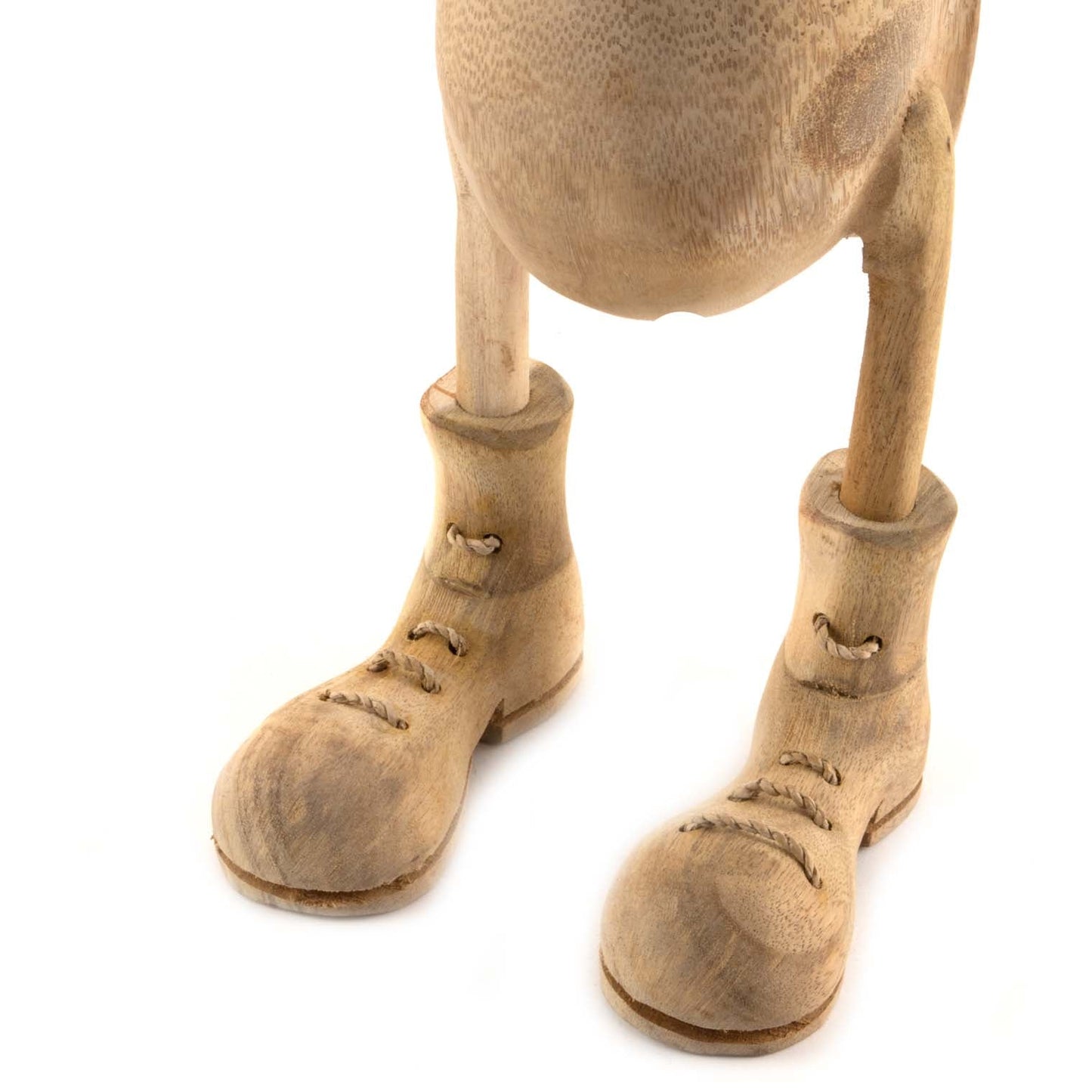 Detail shot of carved bamboo duck boots with rope laces, natural finish, Indonesia