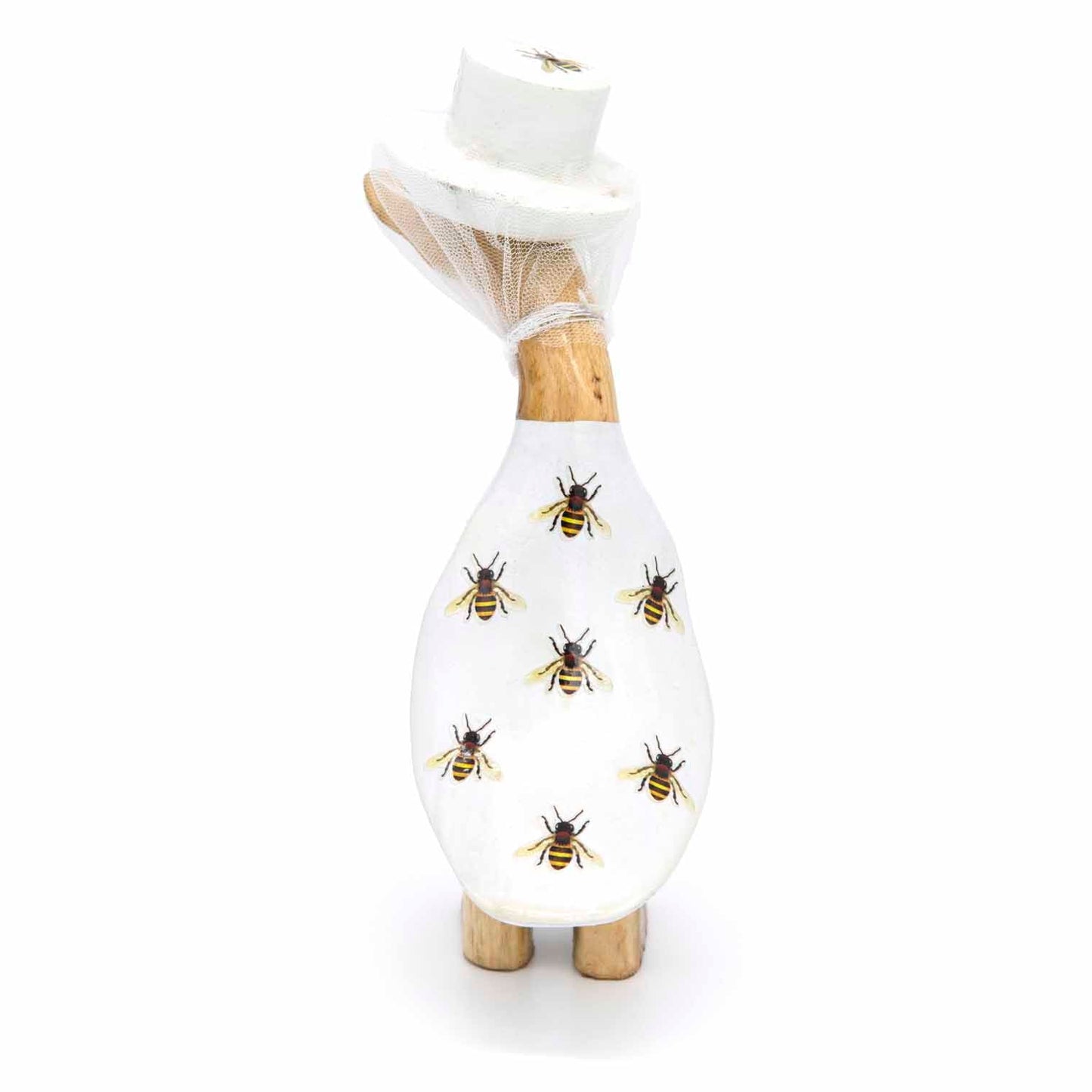 Front-on view of beekeeper bamboo root duck showing full bee-print body and carved wooden feet