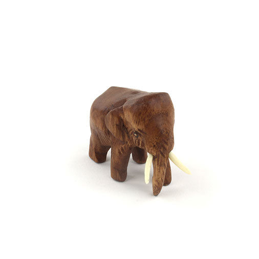 Mini carved Raintree wood elephant, three-quarter front view showing tusk detail, white background