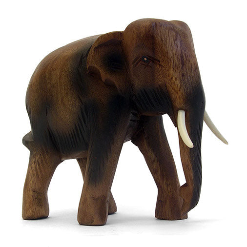 Medium carved Raintree wood elephant, three-quarter front view showing tusk and trunk detail, white background