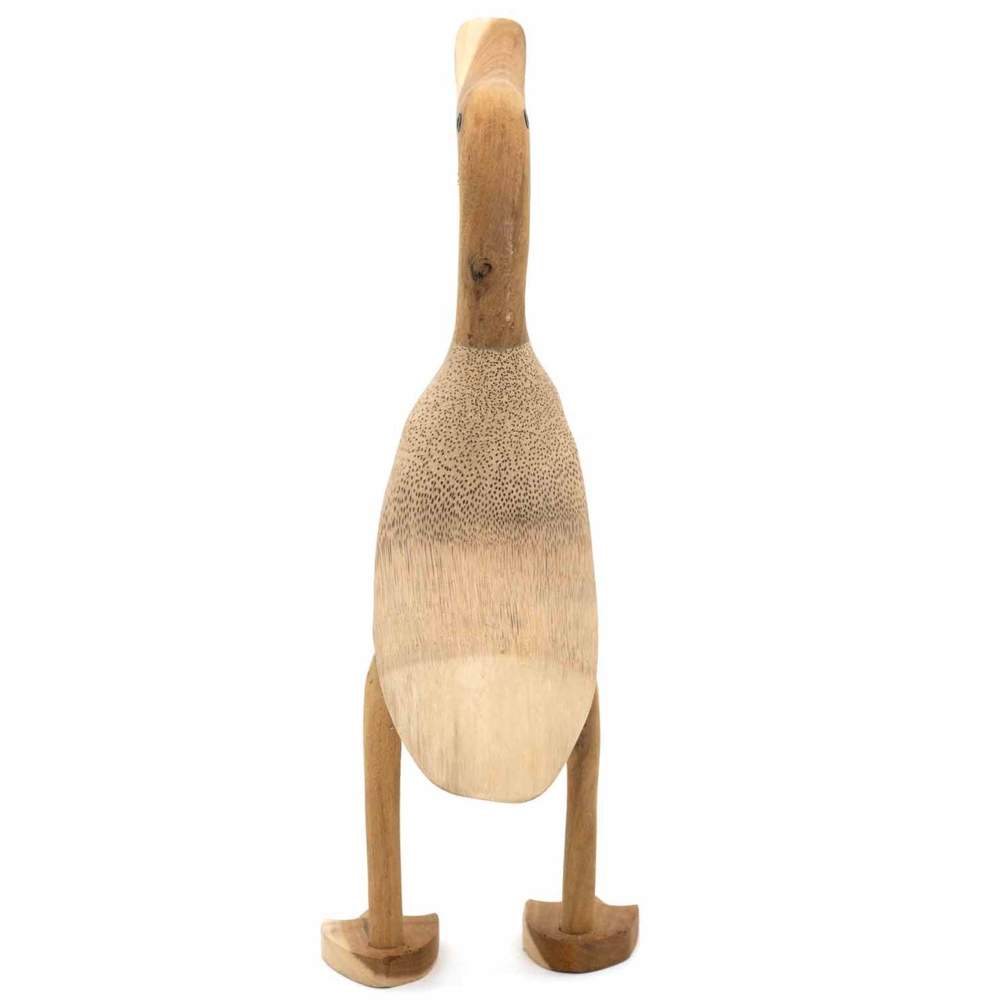 Unvarnished bamboo root duck, front-on view showing carved feet and full body grain pattern, white background