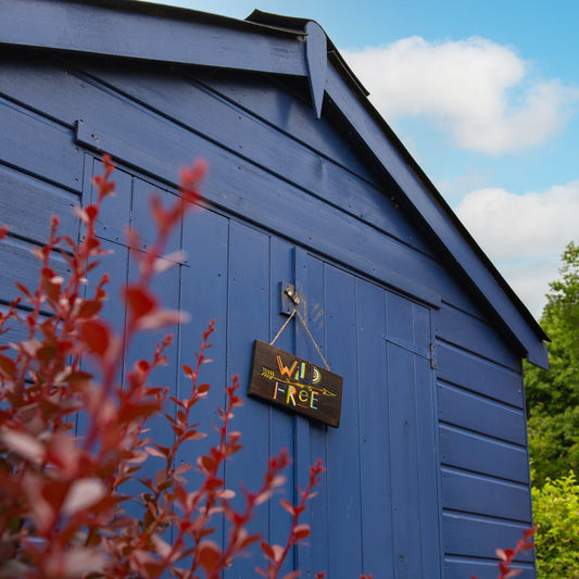 Wild and Free carved wood plaque hanging on a blue painted shed door, viewed from a distance