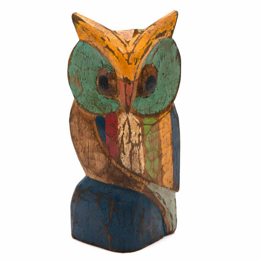 Hand-painted wood owl figurine, front view, teal disc eyes and multicolour body bands