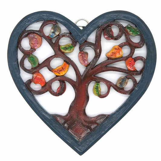 Front view of heart-shaped Tree of Life plaque with dark curling branches and hand-painted red, amber and green leaves
