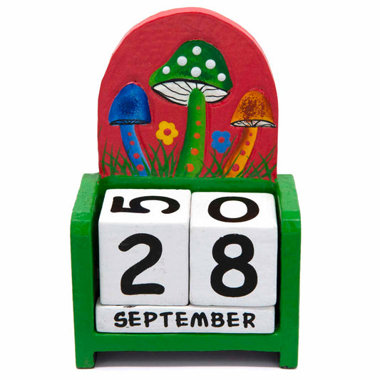 Green-framed wooden mushroom calendar with red arched backboard and white date blocks, front view