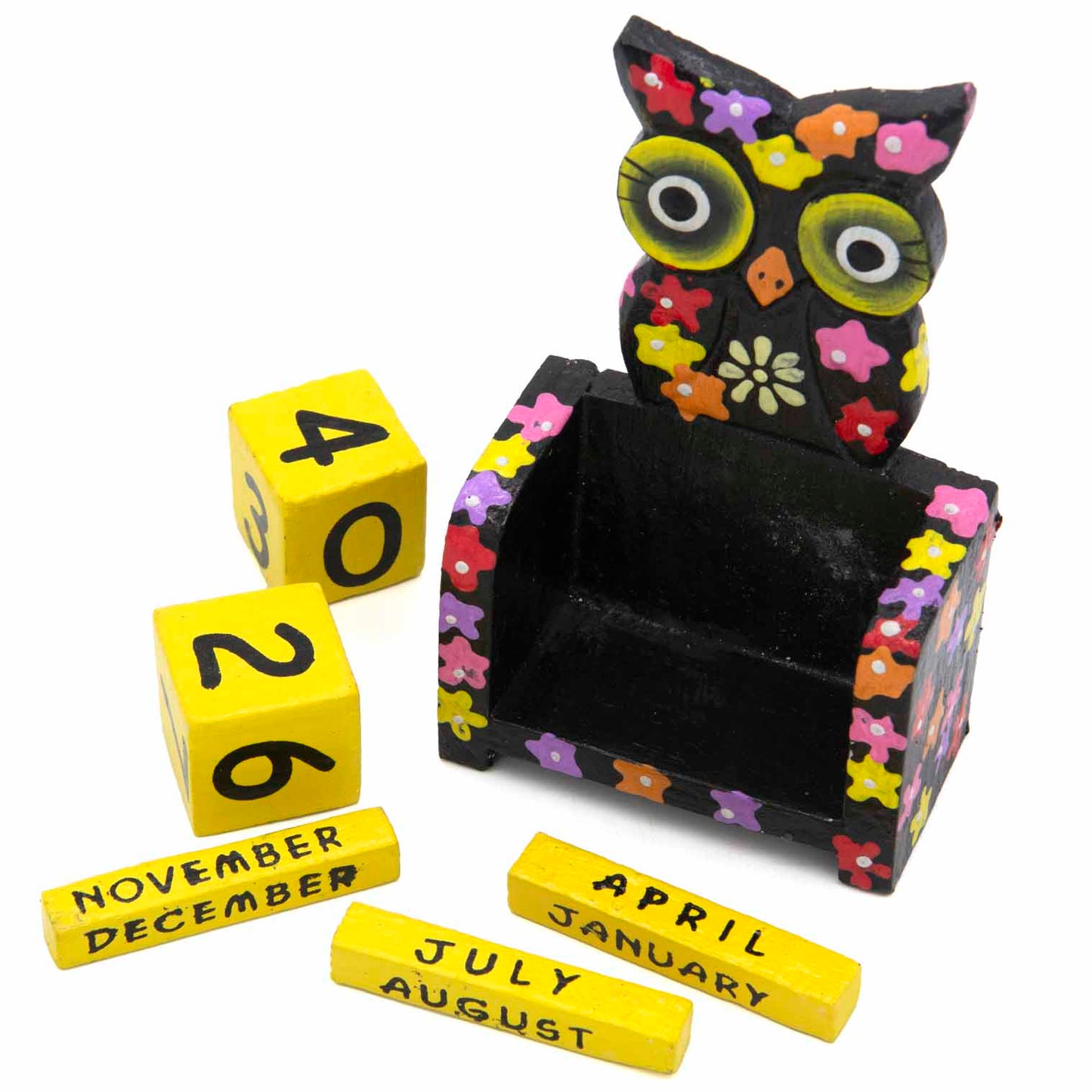 Black owl calendar with yellow date blocks and month bars removed, showing full component set