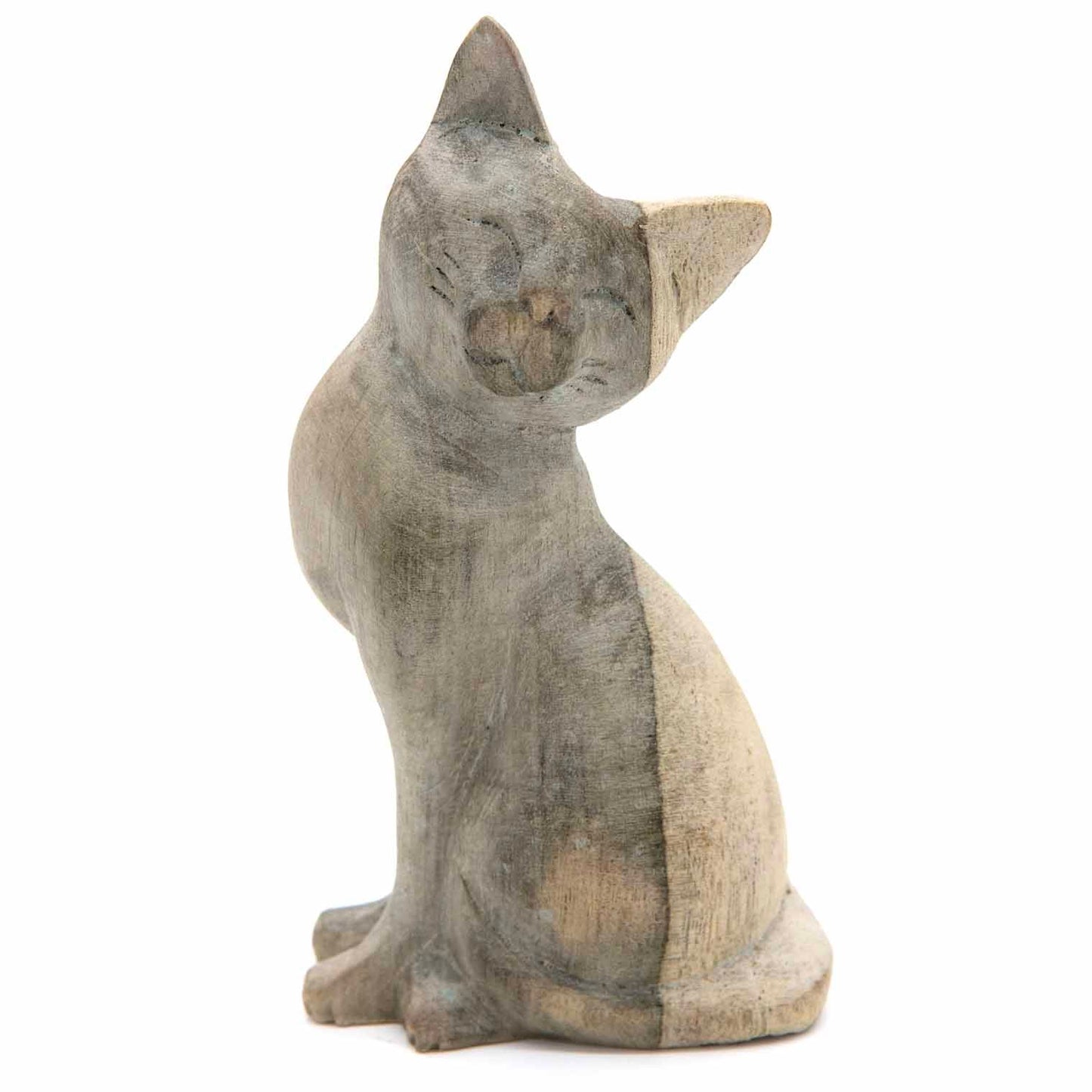 Sitting cat carving in grey-bleached wood, three-quarter front view showing face detail