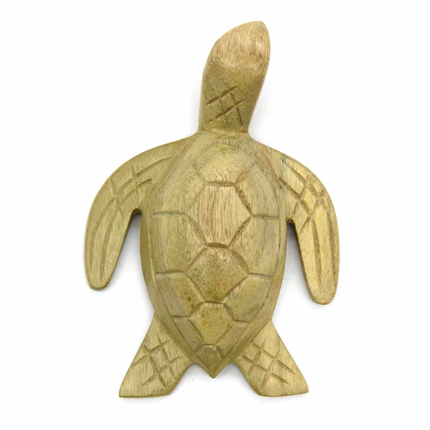 Sea turtle wood carving, overhead view showing full form and crosshatch flipper detail