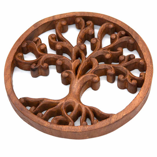 Curling Tree of Life round plaque at an angle showing 2cm depth of carved wood and smooth turned outer ring