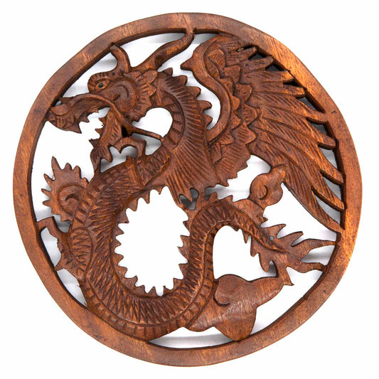 Round wood dragon plaque with coiling scaled body carved in relief and pierced through, warm brown finish, front view