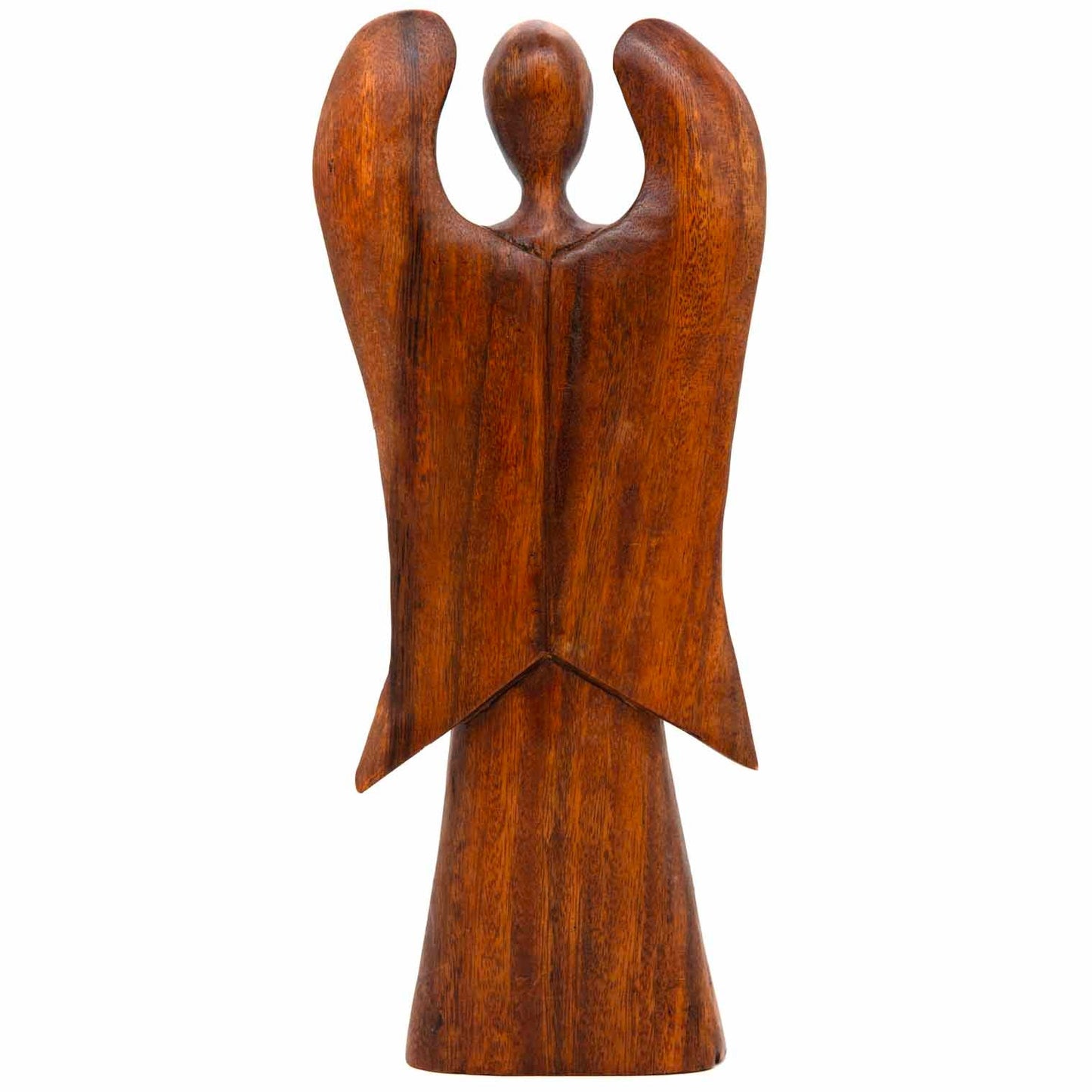 Front view of 40cm abstract wooden angel with wide raised wings, stained wood, Indonesia