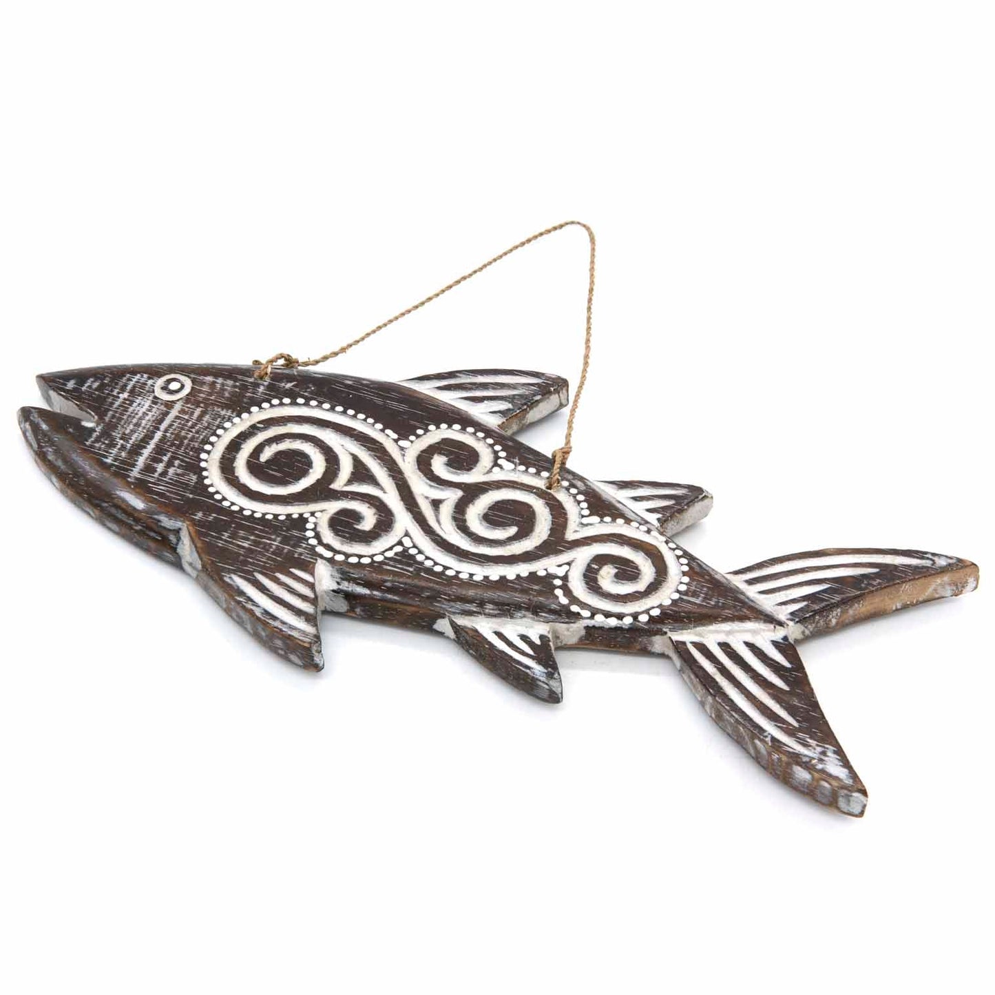 Hand-carved wooden fish plaque with flowing tribal-style relief carving, made by artisans in Bali, Indonesia
