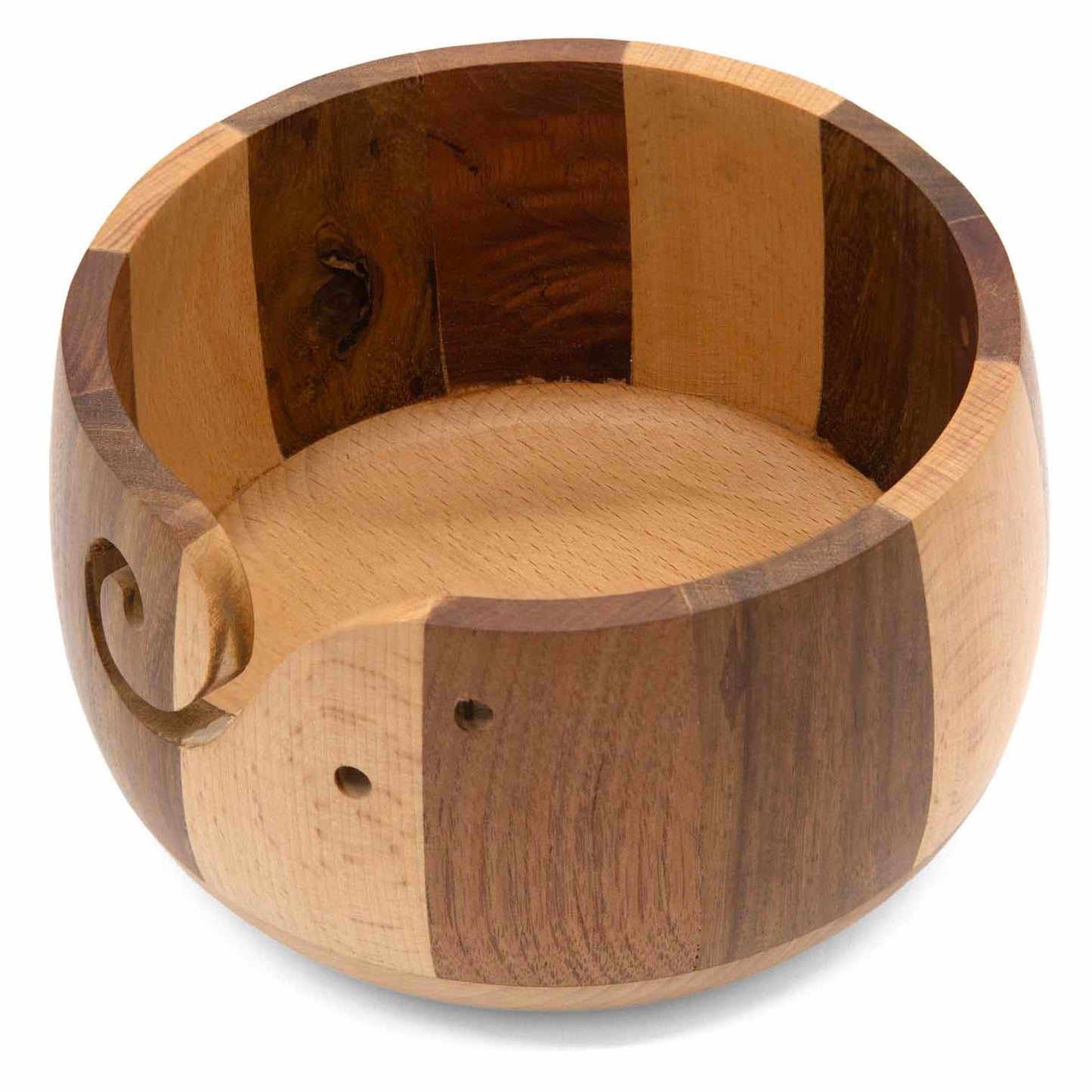 Top-down view of striped wood yarn bowl interior showing turned finish and spiral slot, India