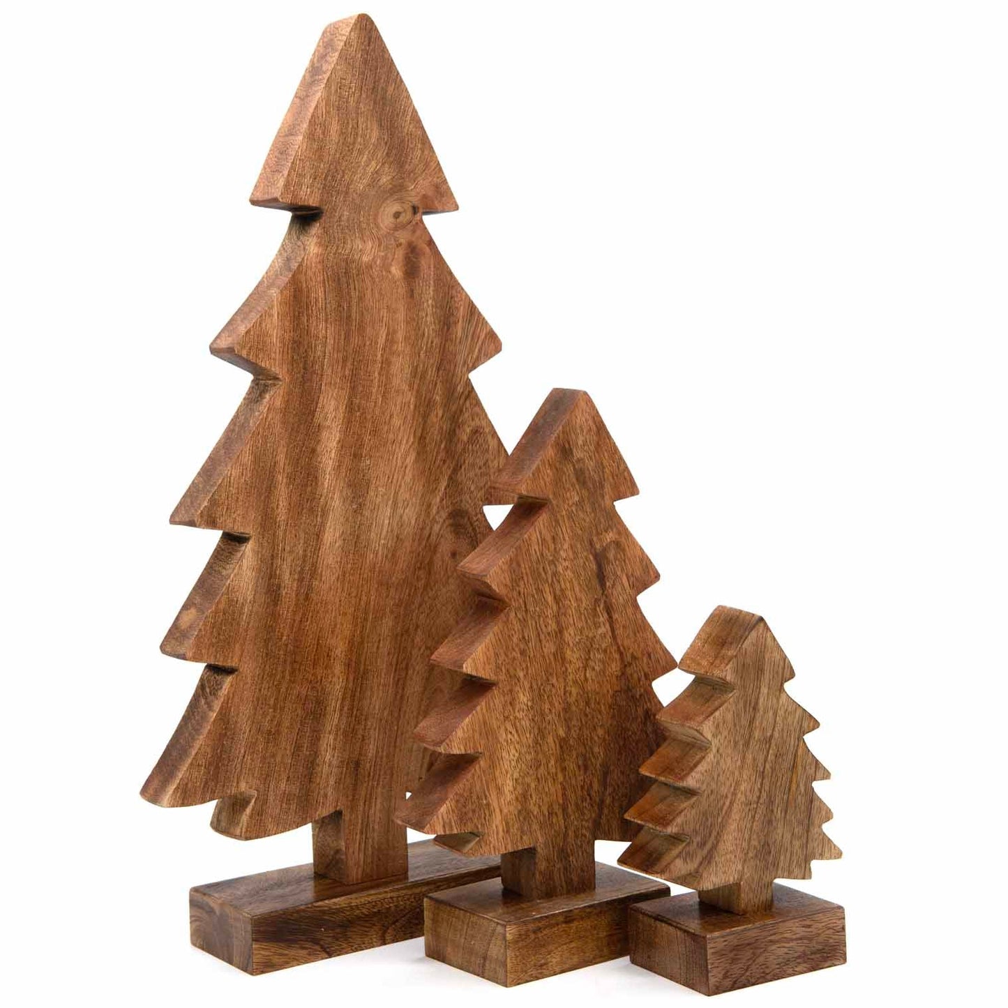 Three mango wood Christmas trees in graduated sizes grouped together showing scale, India
