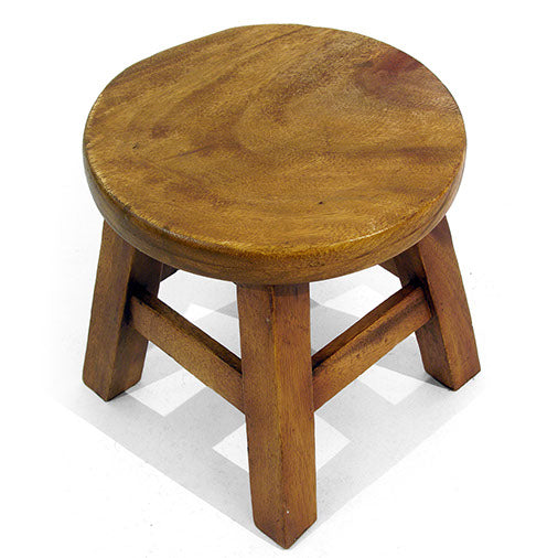 Raintree wood plain stool on white background showing smooth round seat top and jointed leg construction