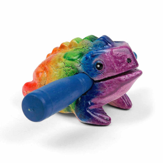 Small rainbow frog guiro, straight front view on white background showing violet-to-red colour spectrum and crackle finish