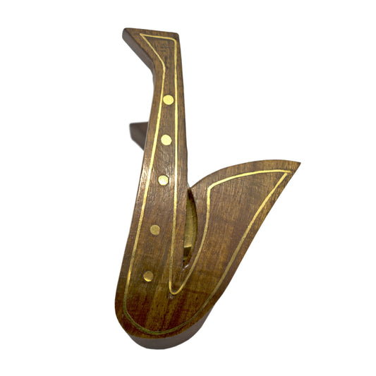 Saxophone-shaped music sheet clip hand-carved in rosewood with brass inlaid detailing and a sprung brass-fixed hinge