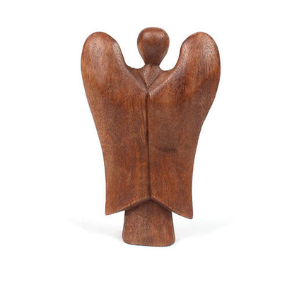 Front view of a wider-winged abstract wooden angel variant, stained wood, Indonesia