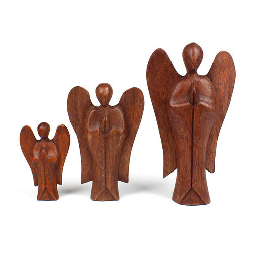 Three small abstract wooden angel carvings in different sizes, Balinese carved wood, Indonesia