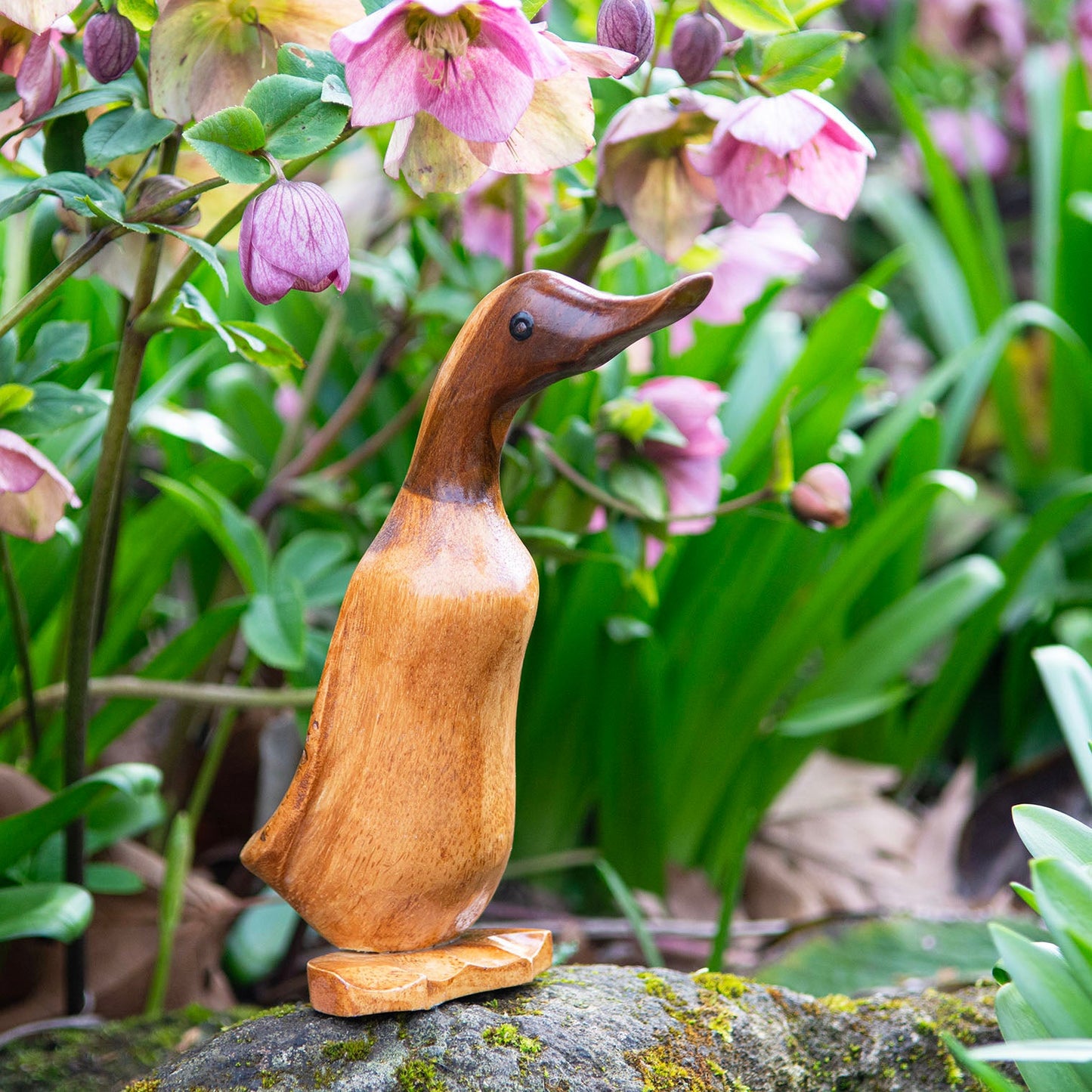Bamboo root duckling carving with upturned beak, standing among hellebore flowers in a garden, Indonesia