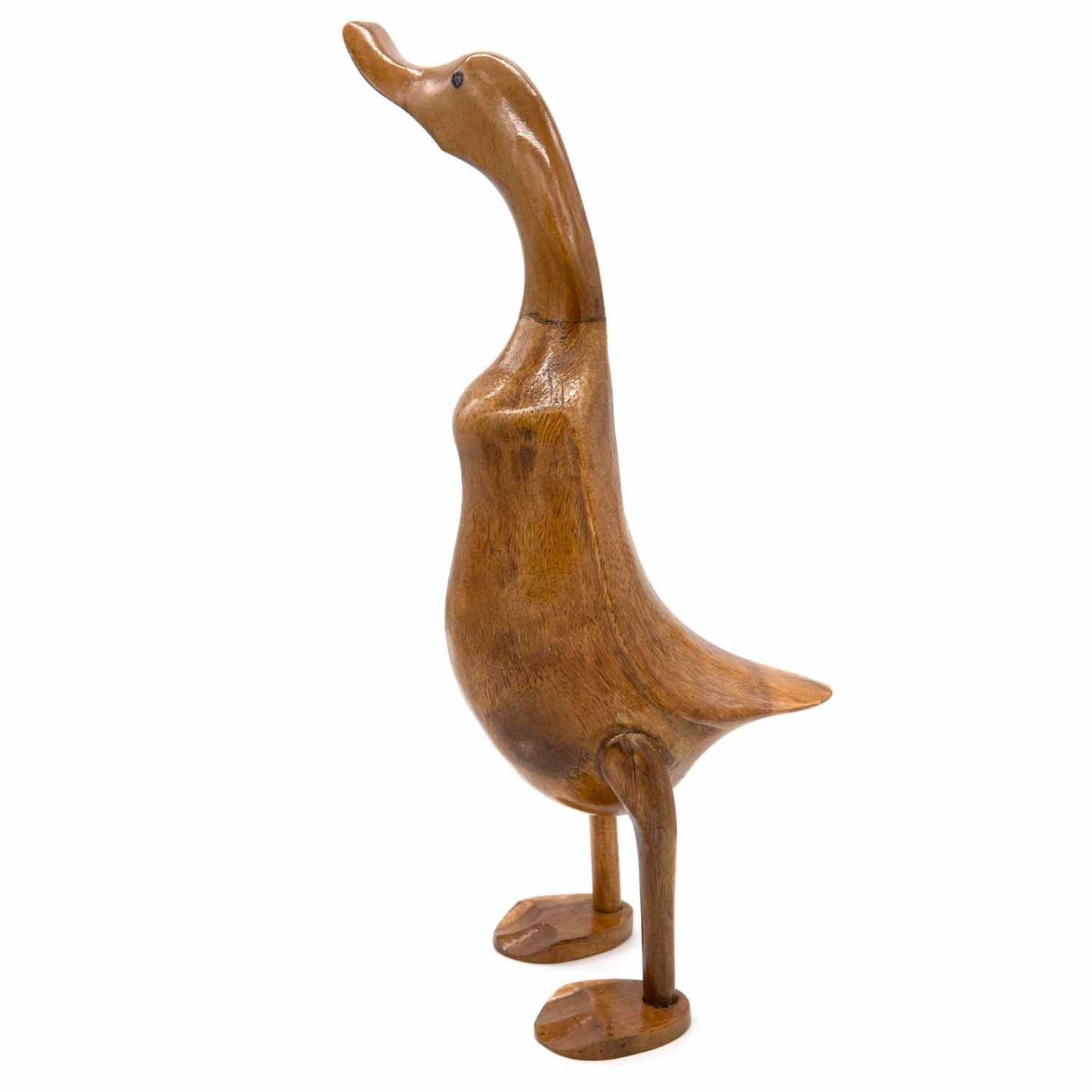 Bamboo root duck sculpture, three-quarter view showing tail and open stance