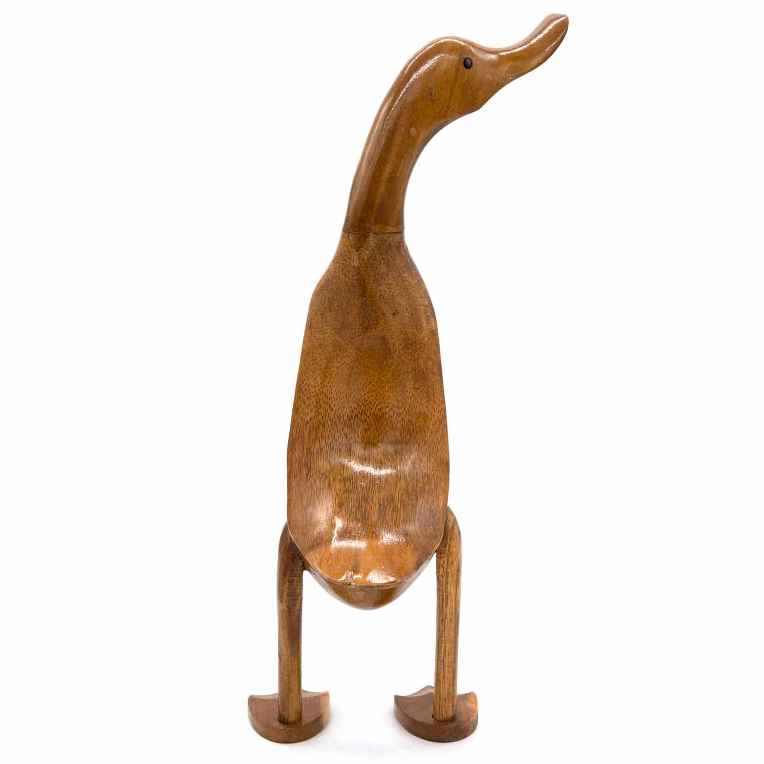 Bamboo root duck carving, front-on view showing smooth body and jointed legs