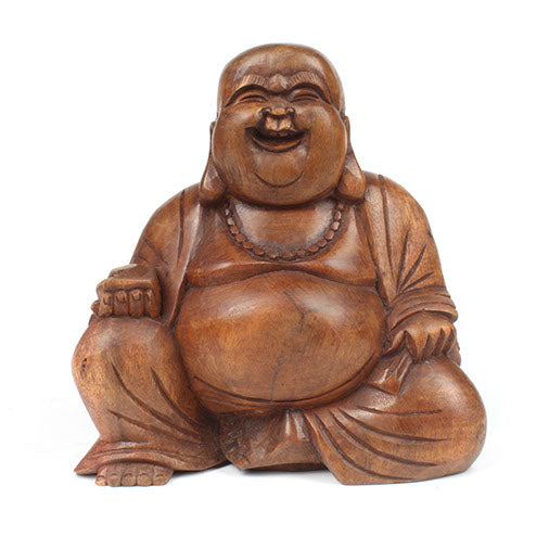 Hand-carved solid wood Laughing Buddha seated figure, Indonesia, 16cm high, front view