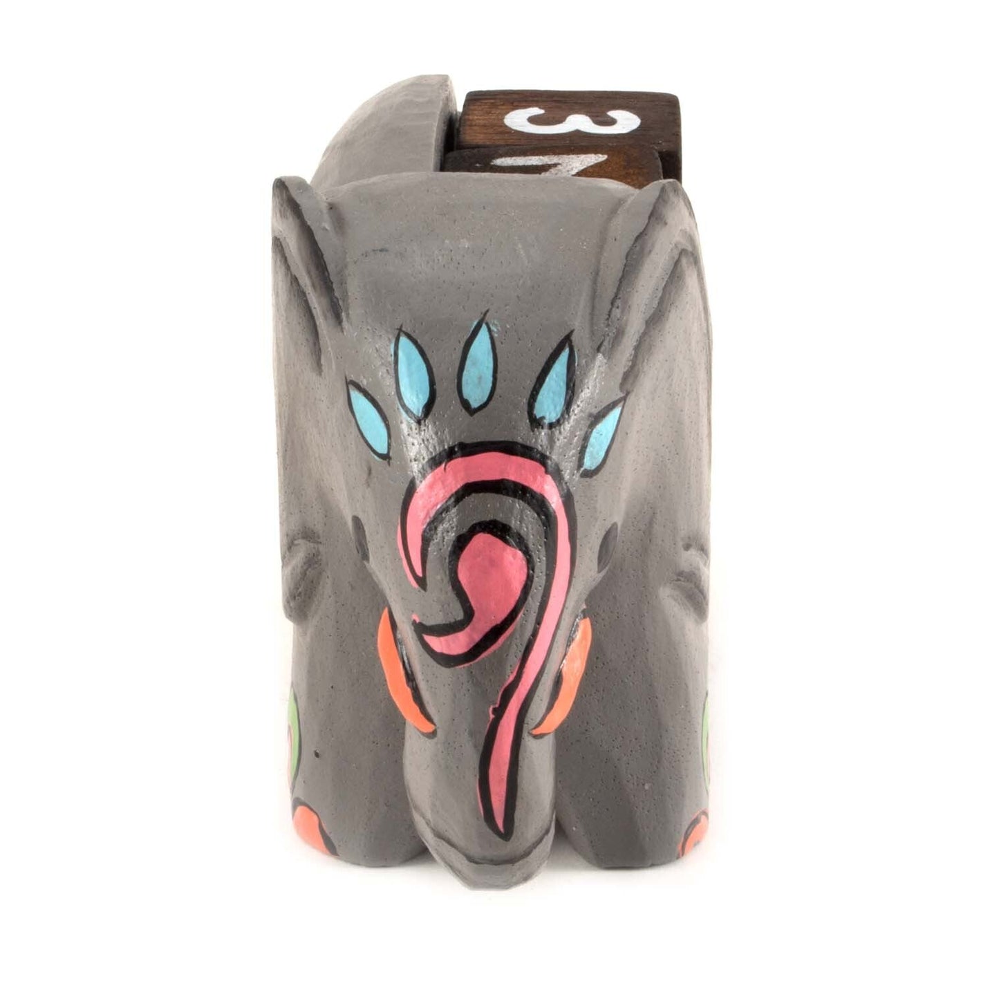 Front view of painted wooden elephant calendar showing curled trunk and blue teardrop detail