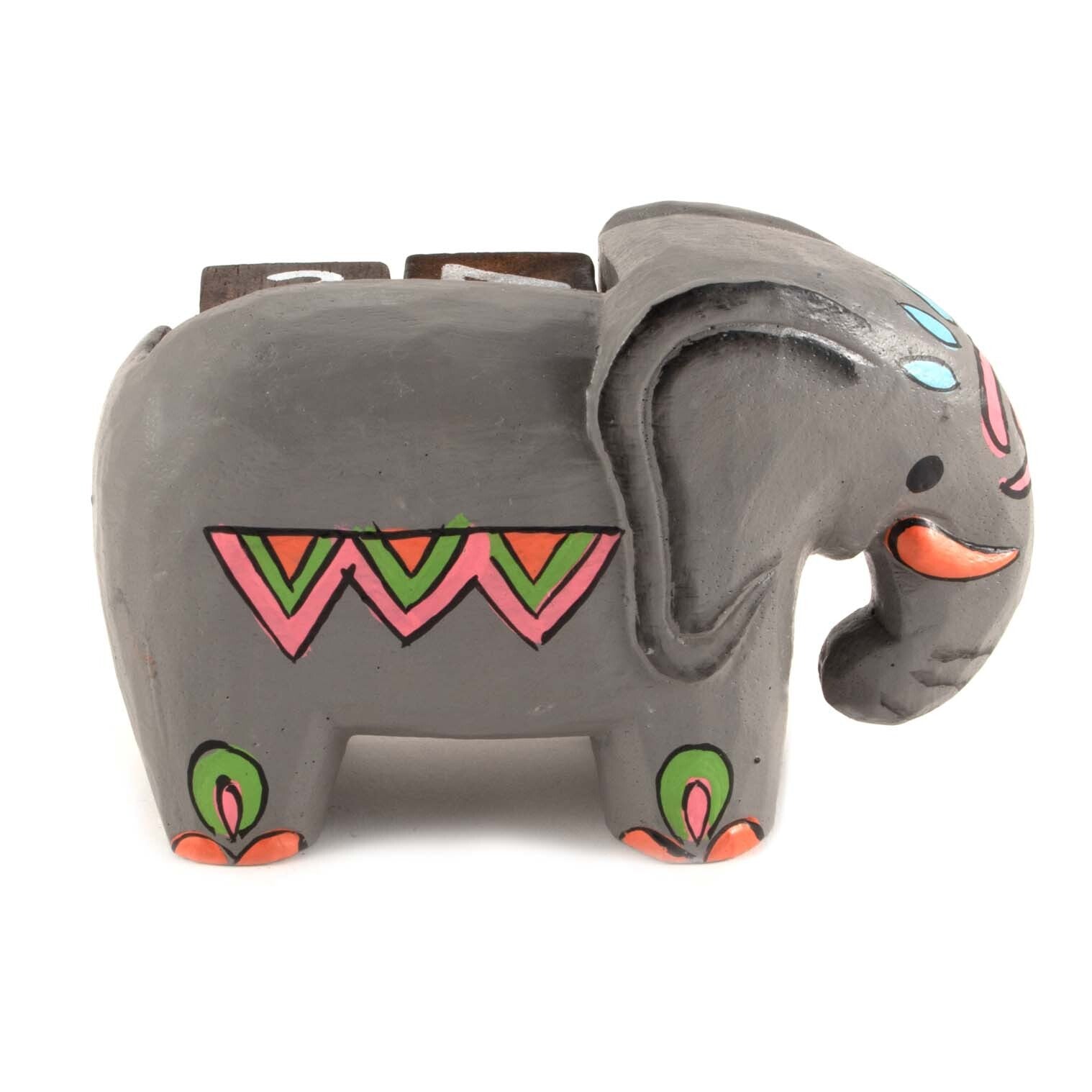 Reverse side of painted wooden elephant calendar showing folk chevron and leaf decoration, Indonesia