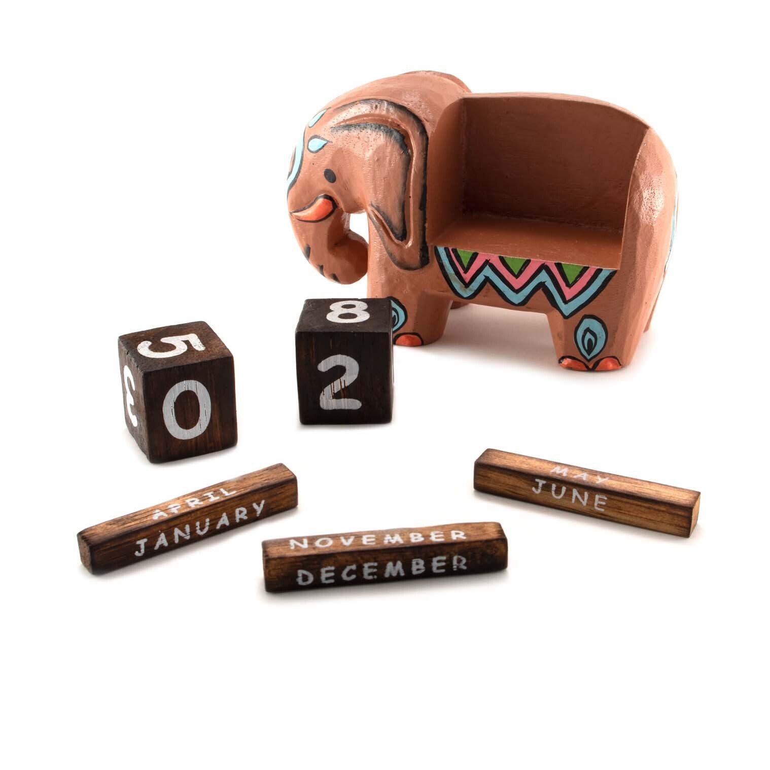 Terracotta elephant calendar with date blocks and month bars laid out separately, Indonesia