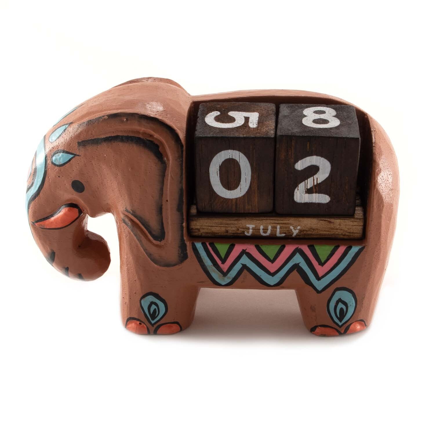 Terracotta-painted wooden elephant perpetual calendar variant showing July date, side view