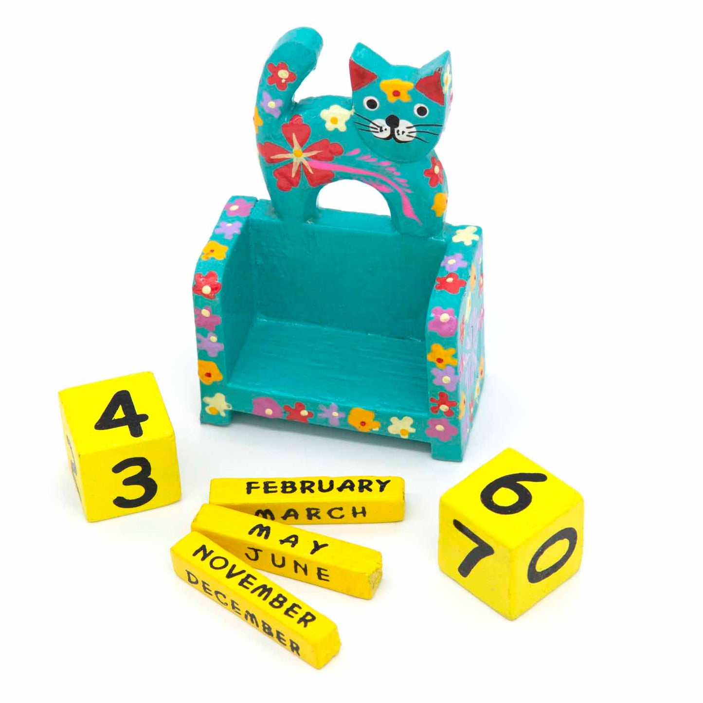 Teal wooden cat calendar with blocks and month bars removed, showing full component set