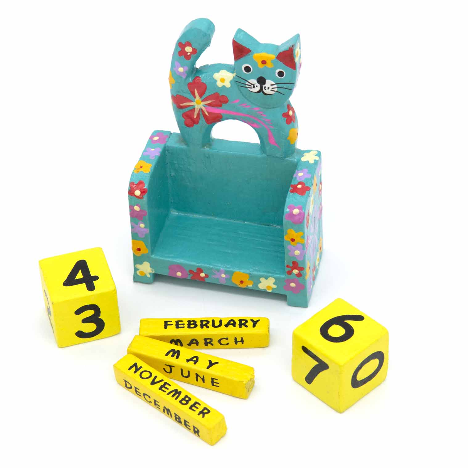 Teal wooden cat calendar with blocks and month bars removed, showing full component set