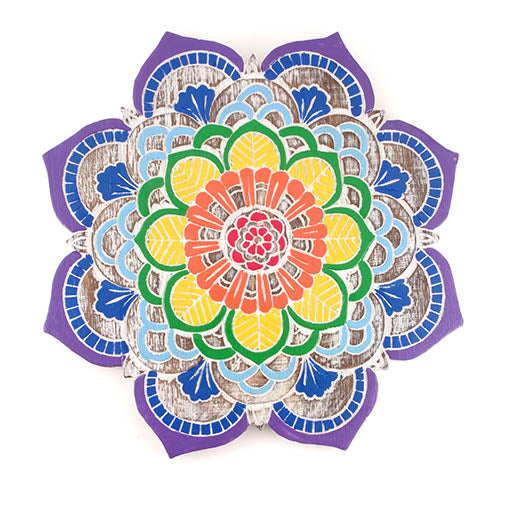 Front view of Balinese chakra mandala plaque on white background, showing full relief carving and hand-painted colour rings