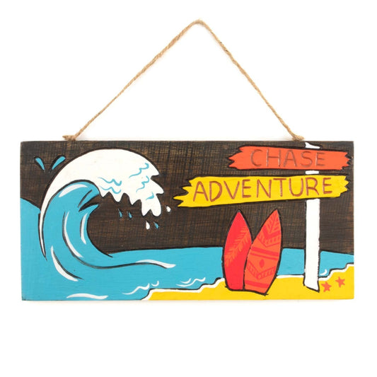 Front view of Chase Adventure wood plaque on white background, full detail of painted wave, surfboards and banner lettering