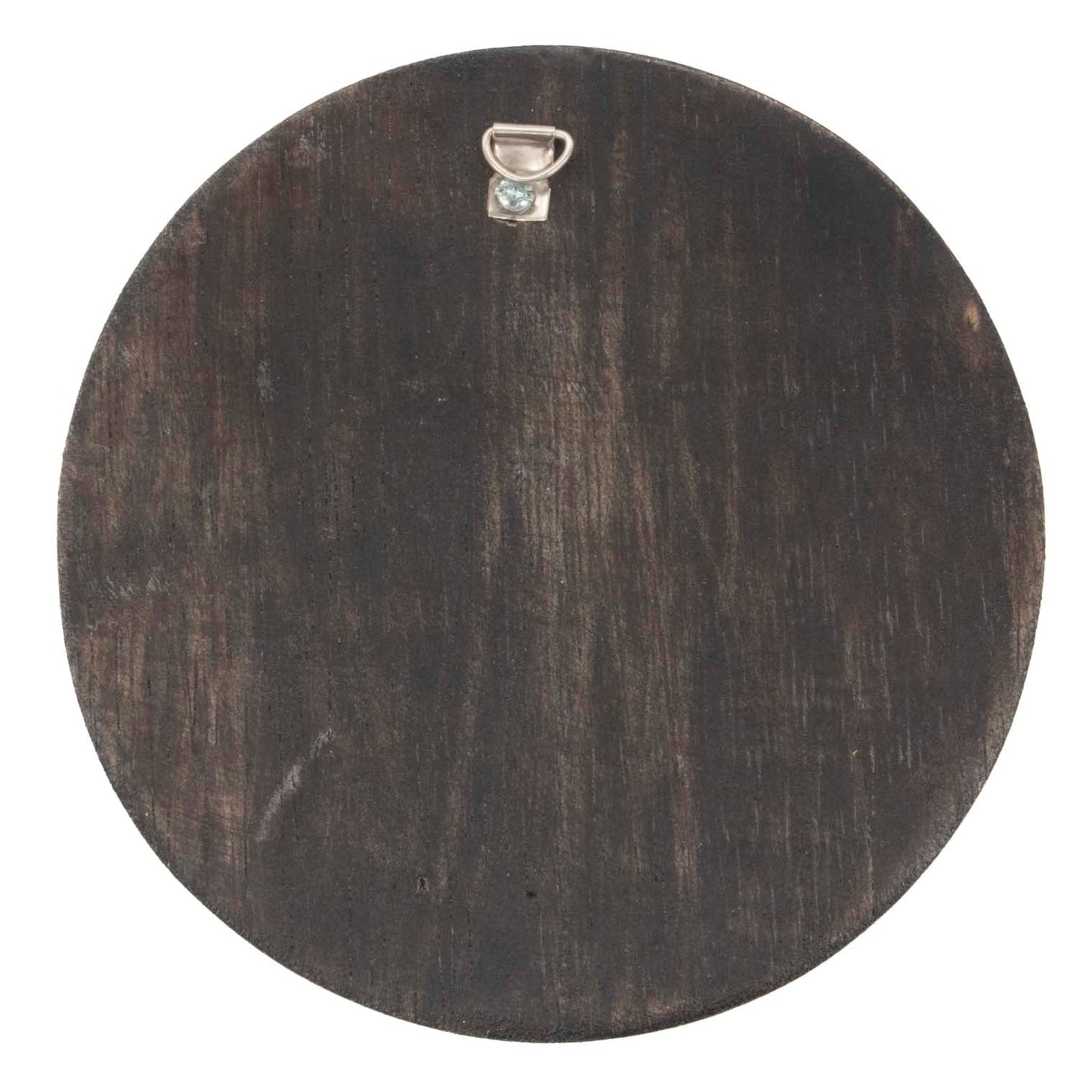 Reverse of triskelion wood plaque showing plain dark wood grain and fitted metal hanging hook