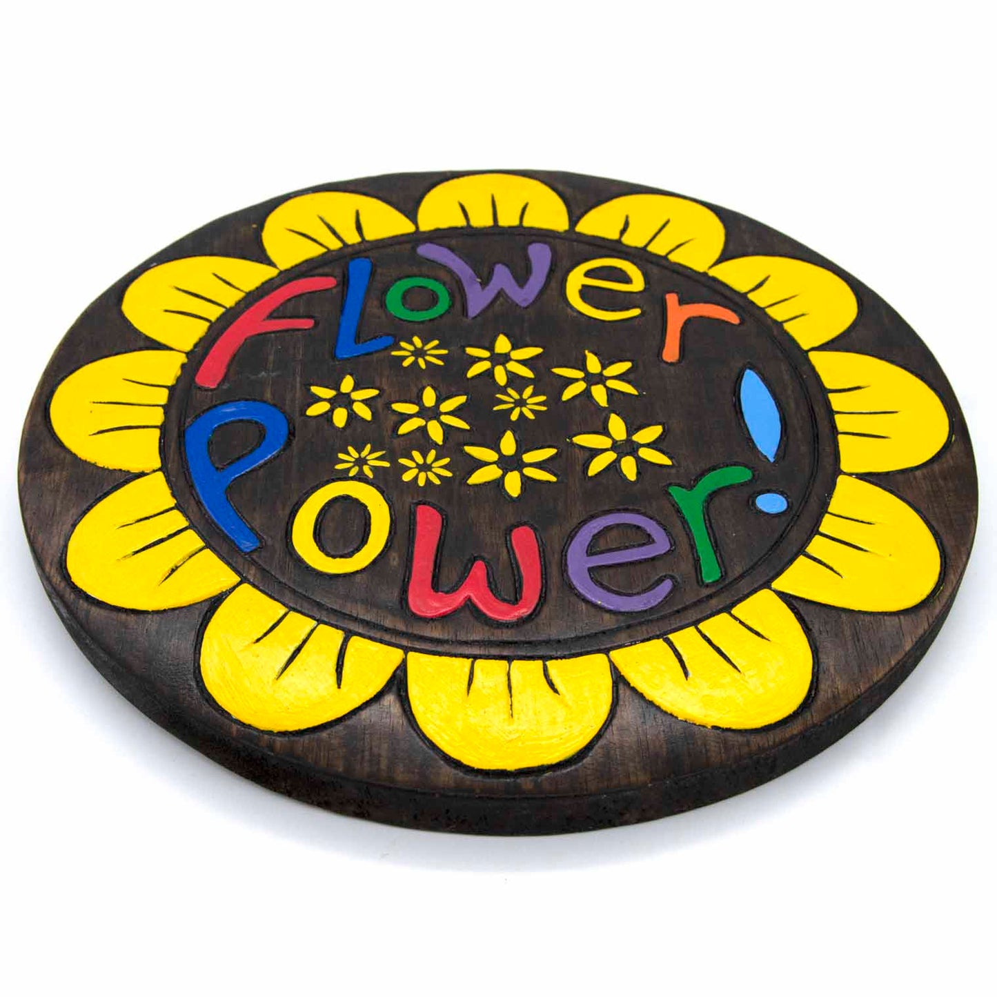 Angled side view of Flower Power round wood plaque showing disc depth and yellow-painted petal edge, Indonesia