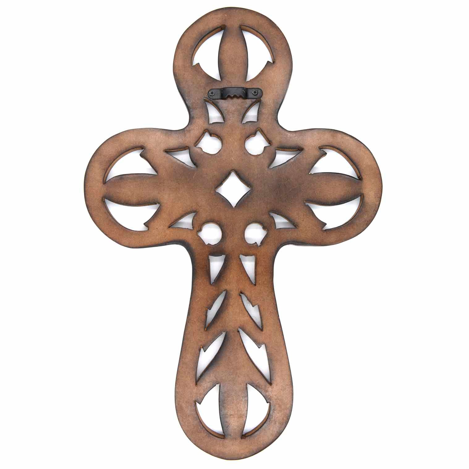 Reverse of carved mango wood cross showing fixed metal wall bracket and plain dark wood back