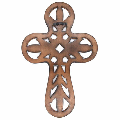Reverse of carved mango wood cross showing fixed metal wall bracket and plain dark wood back