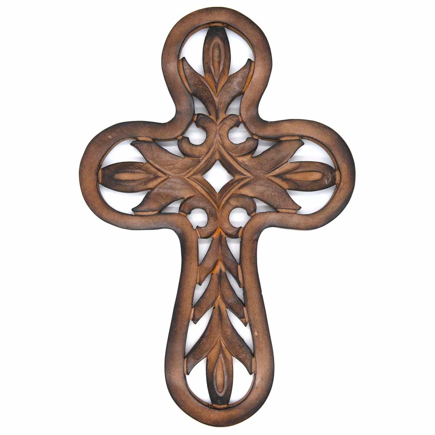 Front view of dark mango wood cross plaque with pierced leaf and scroll carving on white background