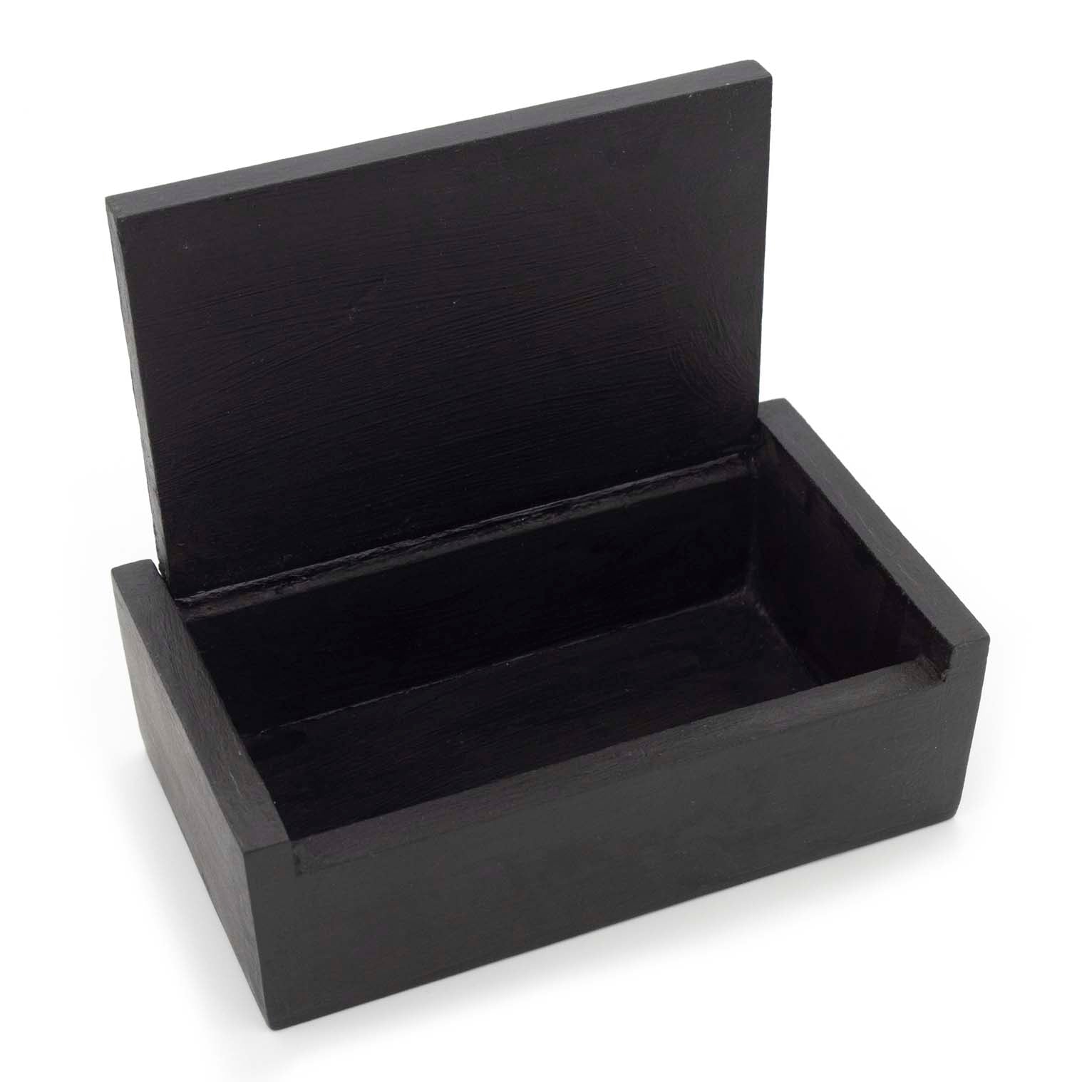 Black wooden mushroom box open showing plain dark interior and swivel lid mechanism