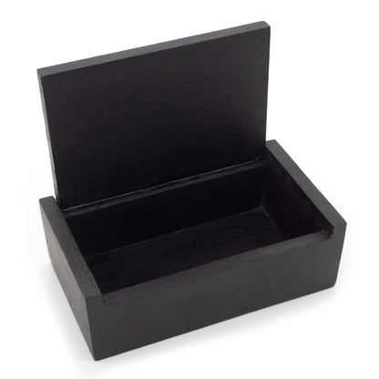 Black wooden mushroom box open showing plain dark interior and swivel lid mechanism